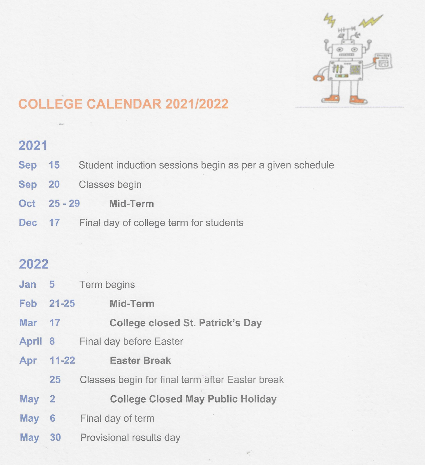 CDCFE Academic Calendar 2021 2022 CDCFE