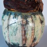 ceramic pot with found wood drift wood lid, Mary Madigan